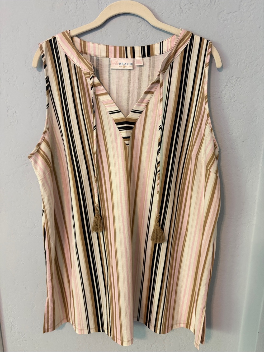 Belle by Kim Gravel Pink Cream and Black Striped Tassel Swim Coverup